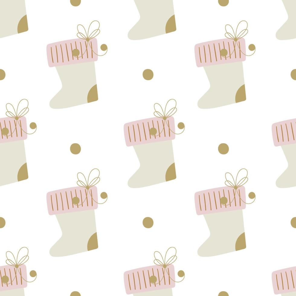 Cute Christmas socks with golden dots. Winter festival seamless pattern. vector