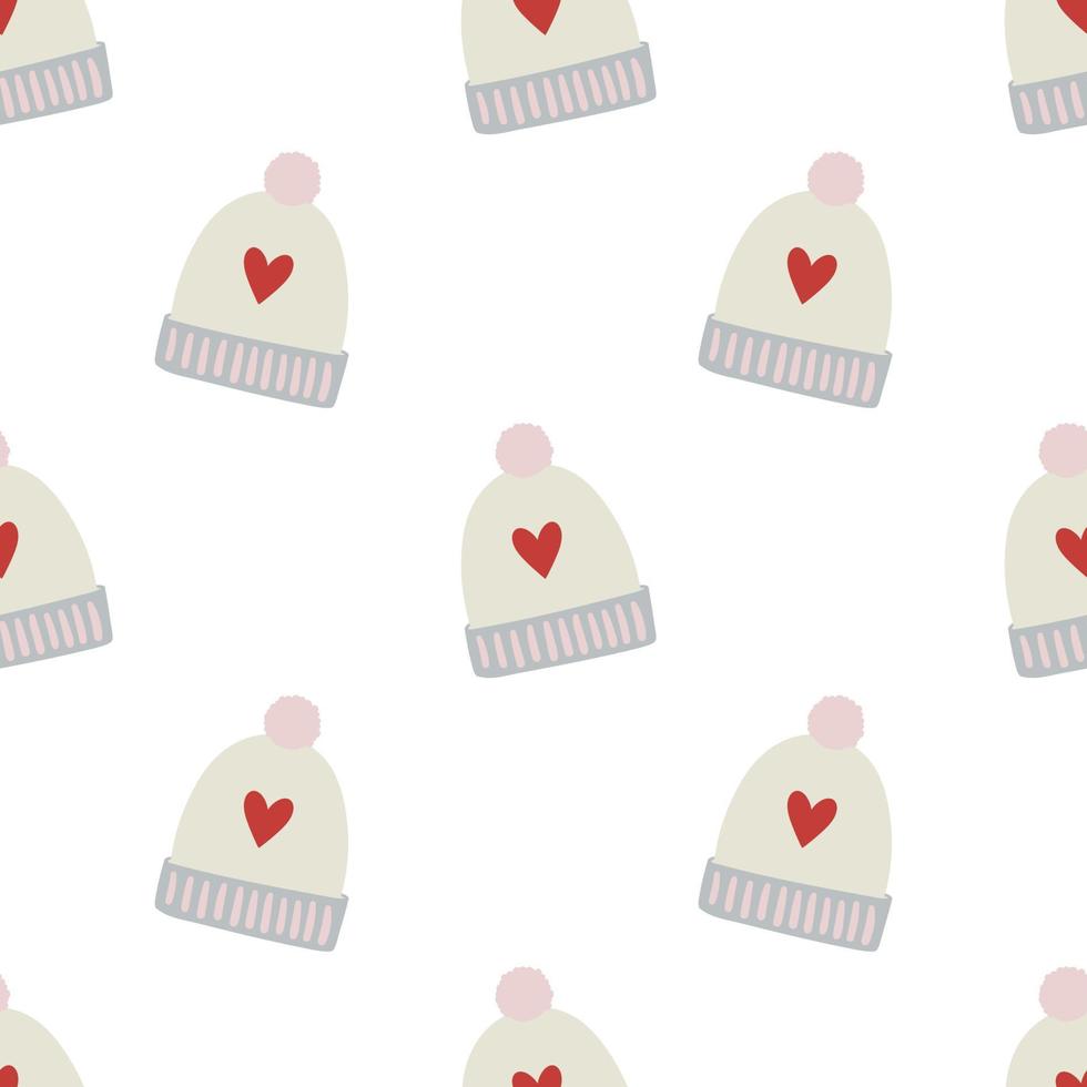 Cute knitted hats with red hearts, seamless pattern in vector. Christmas background. vector