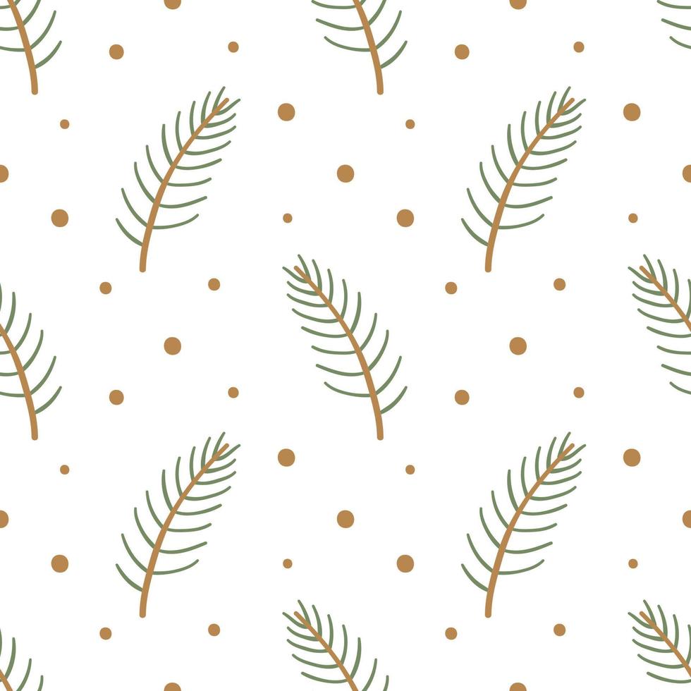 Pine branch. Doodle christmas twig. Winter floral festival seamless pattern with golden dots. vector