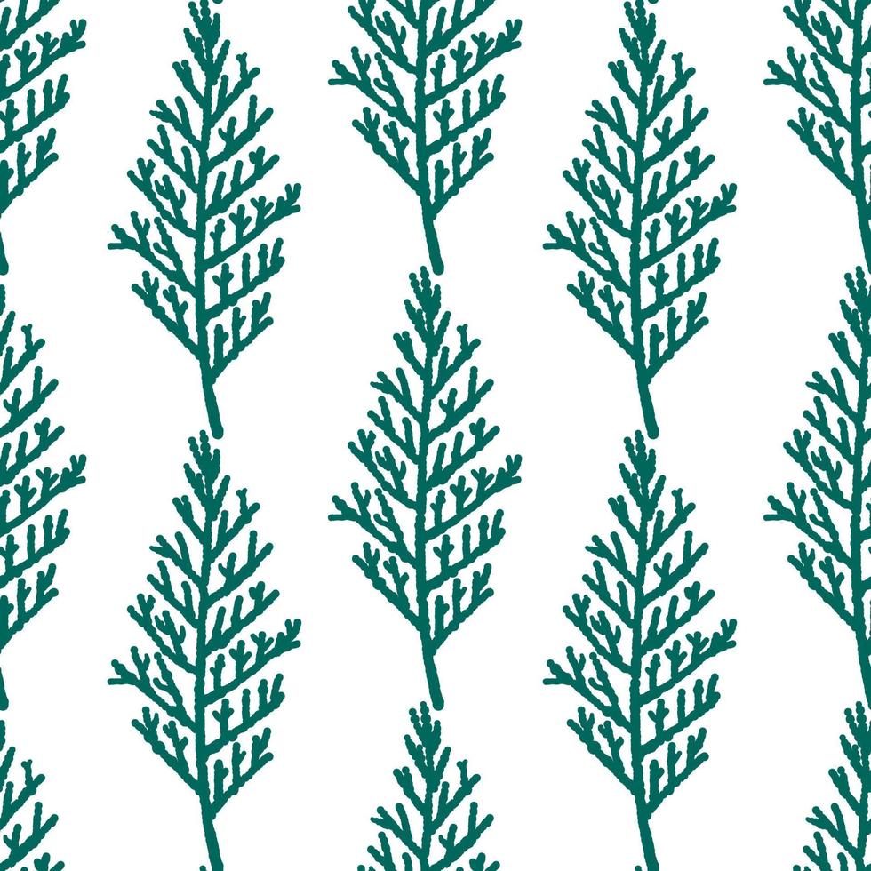 Thuja and cypress branches. Vintage Christmas and Happy New Year flat seamless pattern, great for Christmas textiles, banners, wrapping paper, wallpaper. Vector Xmas design.