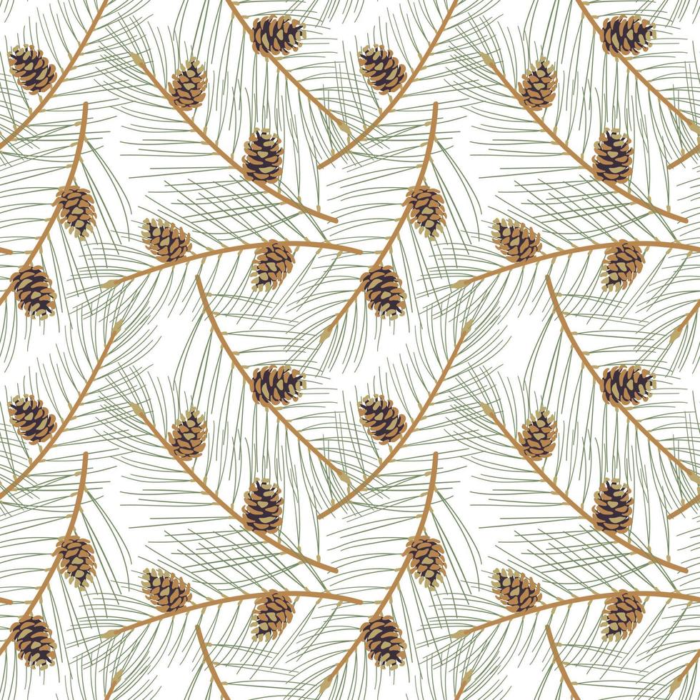 Graceful pine twigs with beautiful cones. Winter floral seamless pattern. Forest nature background. Whimsical festival foliage background. Vintage Christmas and Happy New Year flat seamless pattern vector