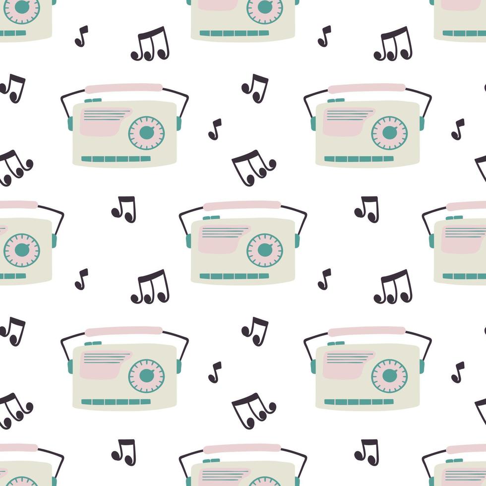 Doodle retro radio with music. Funny seamless pattern. vector