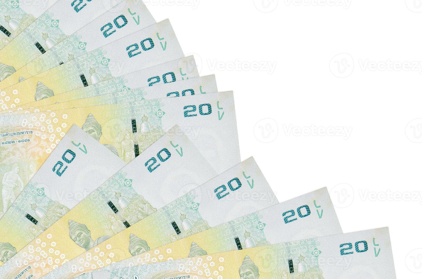 20 Thai Baht bills lies isolated on white background with copy space stacked in fan close up photo