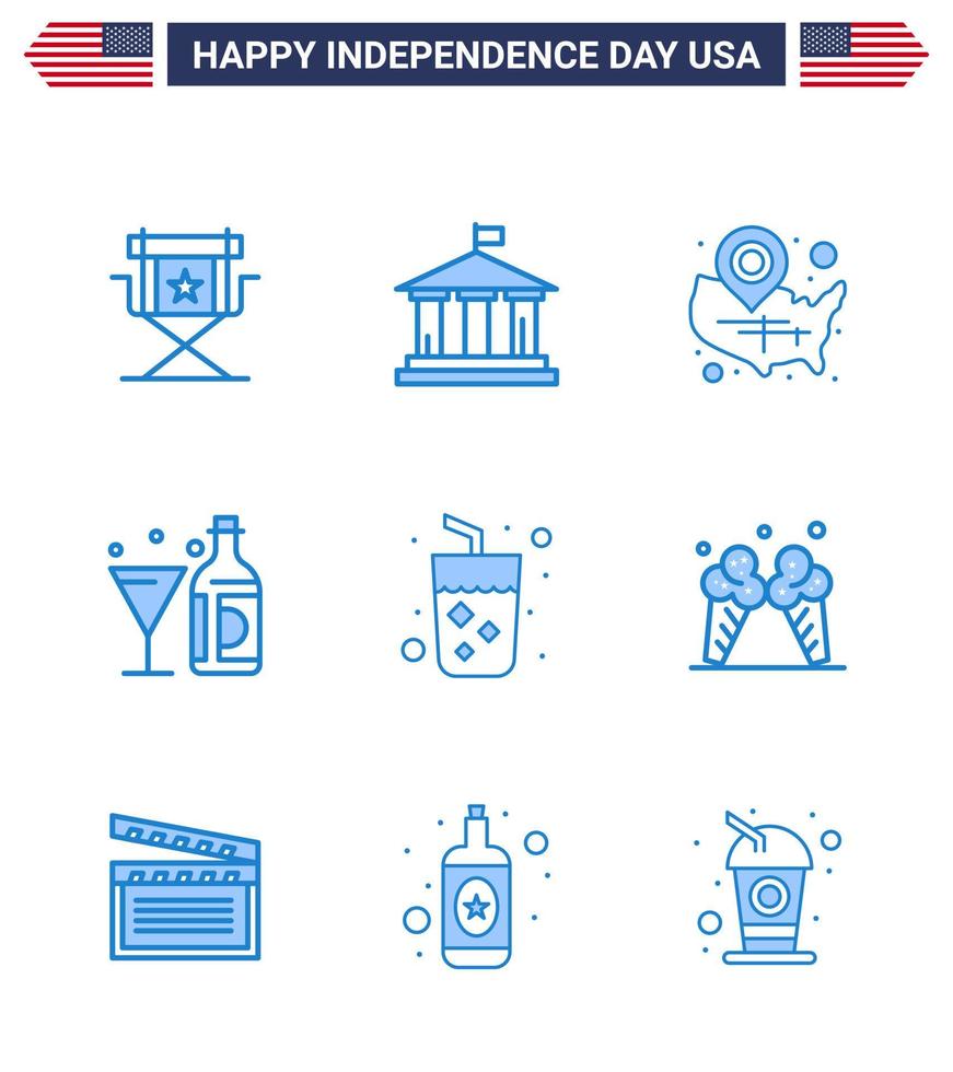 Group of 9 Blues Set for Independence day of United States of America such as bottle wine usa drink wisconsin Editable USA Day Vector Design Elements