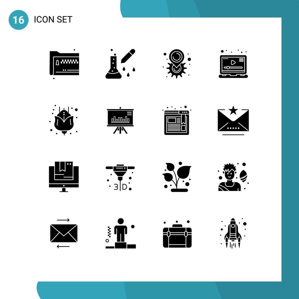 Group of 16 Solid Glyphs Signs and Symbols for marketing player pipette dropper media map Editable Vector Design Elements