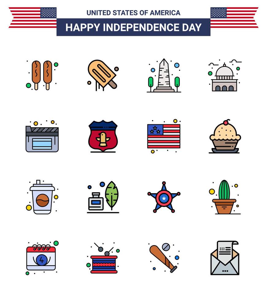 feliz día de la independencia 16 líneas planas rellenas paquete de iconos para web e impresión cine estados unidos monumento edificio emblemático elementos de diseño vectorial del día de estados unidos editables vector