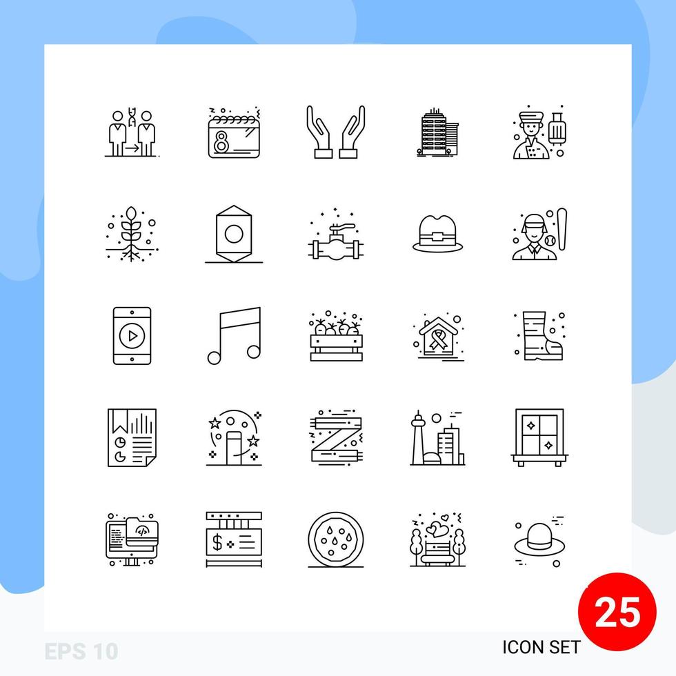 símbolos de iconos universales grupo de 25 líneas modernas de avatar oficina mujeres skyscaper manos elementos de diseño vectorial editables vector