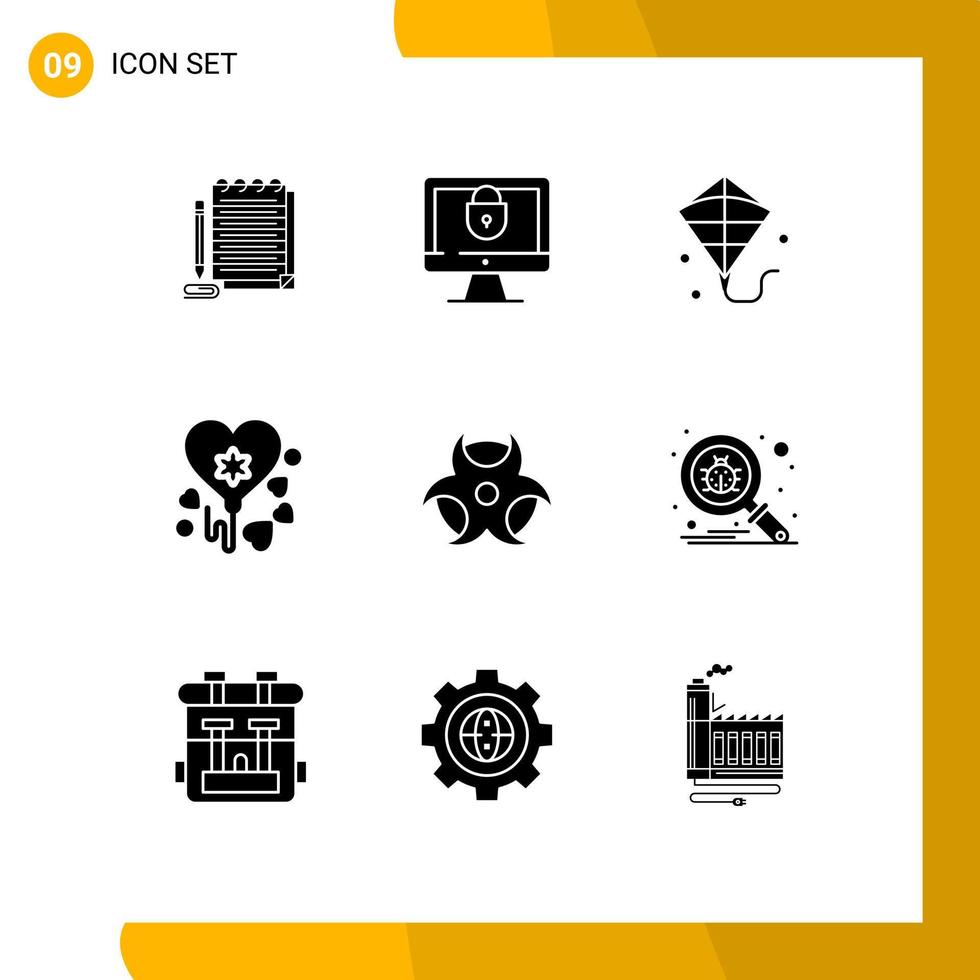 User Interface Pack of 9 Basic Solid Glyphs of bug physic kite education birthday Editable Vector Design Elements