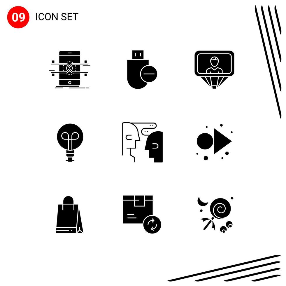 conjunto de pictogramas de 9 glifos sólidos simples de luz cerebral eliminar elementos de diseño vectorial editables de id de bombilla vector