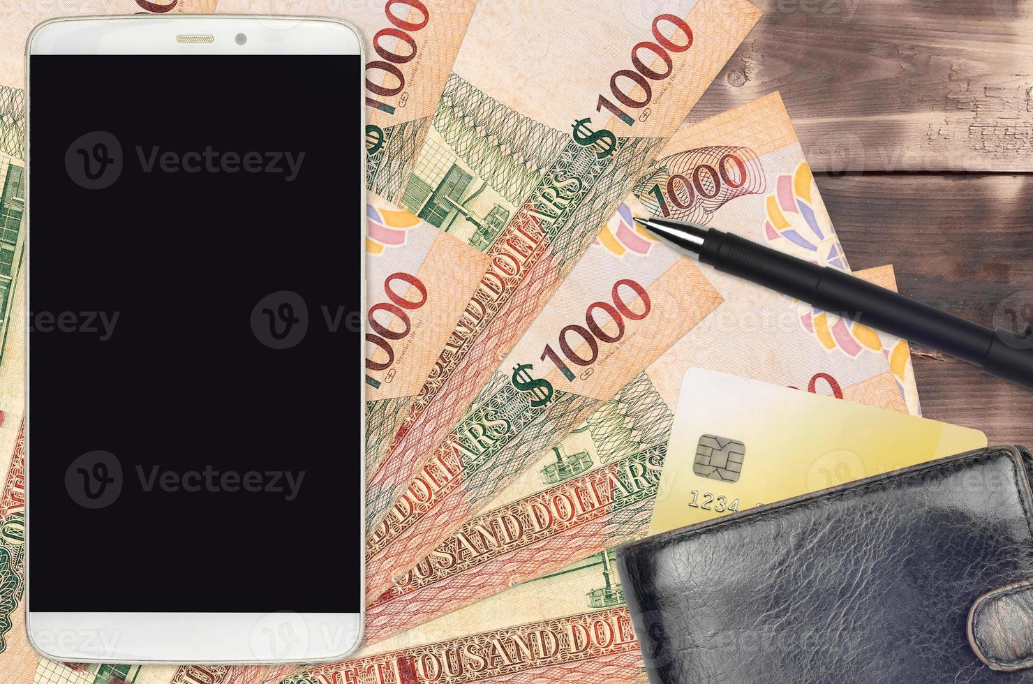 1000 Guyanese dollars bills and smartphone with purse and credit card. E-payments or e-commerce concept. Online shopping and business with portable devices photo