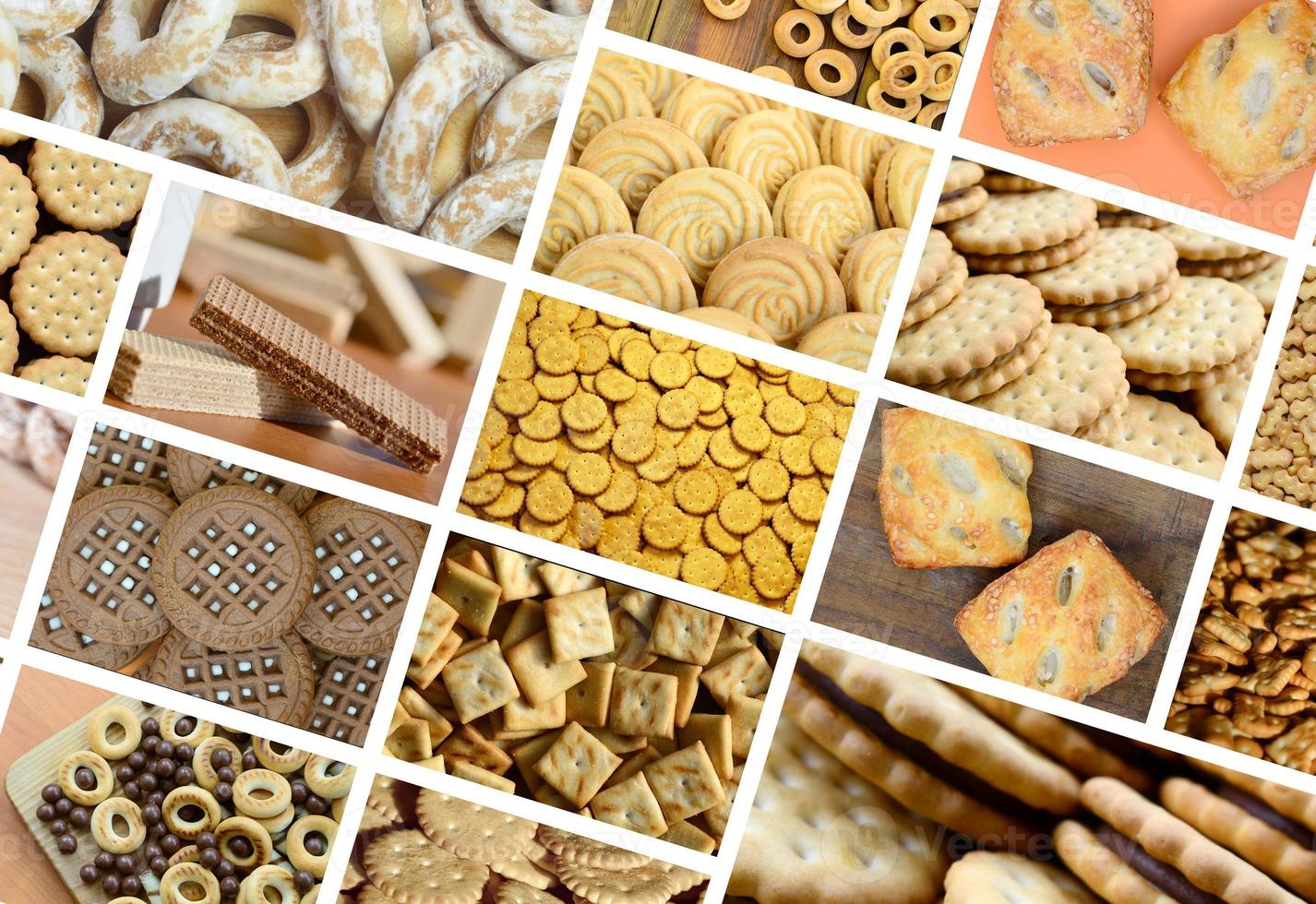 A collage of many pictures with various sweets close-up. A set of images with varieties of biscuits, bagels and candies photo