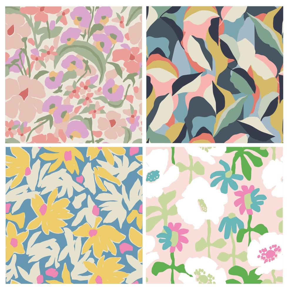 Vector hand drawing flower illustration seamless repeat pattern 4 designs set