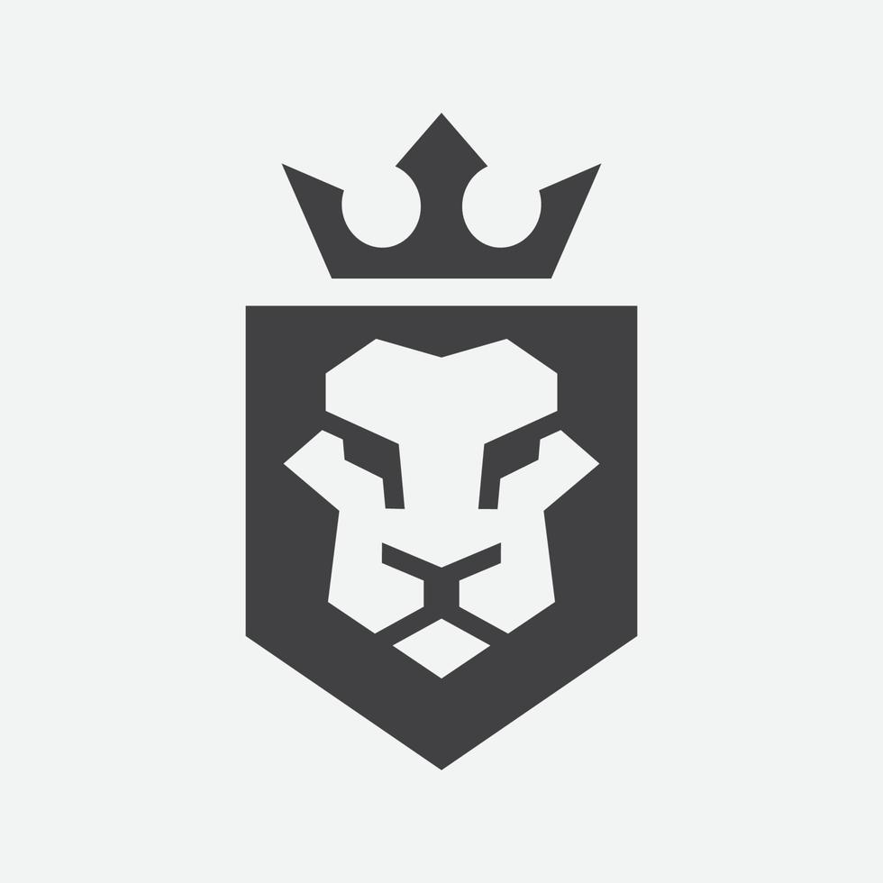 icono de logotipo de lujo de escudo de león, elegante ilustración de diseño de logotipo geométrico de escudo de león, cabeza de león con logotipo de corona, símbolo de escudo de león vector