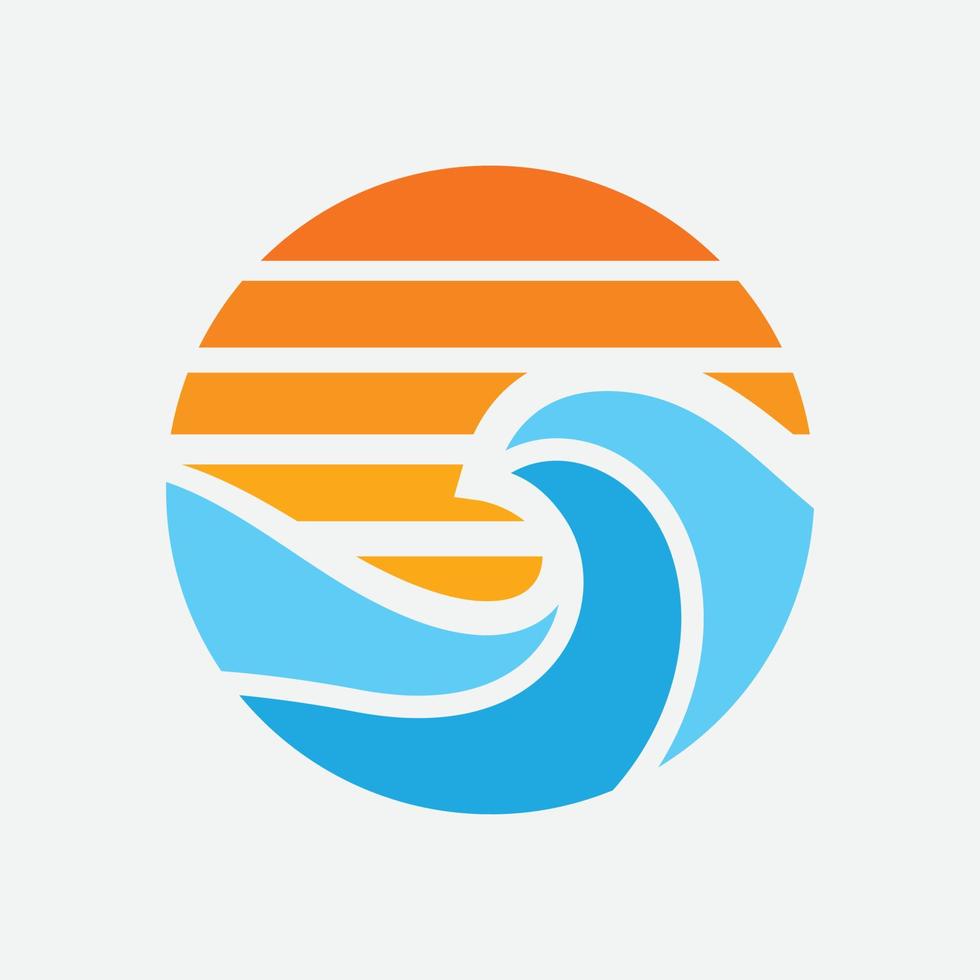 plantilla de diseño de logotipo de mar, ilustración de icono de logotipo circular de mar y wafe, logotipo de puesta de sol, símbolo de icono de playa vector