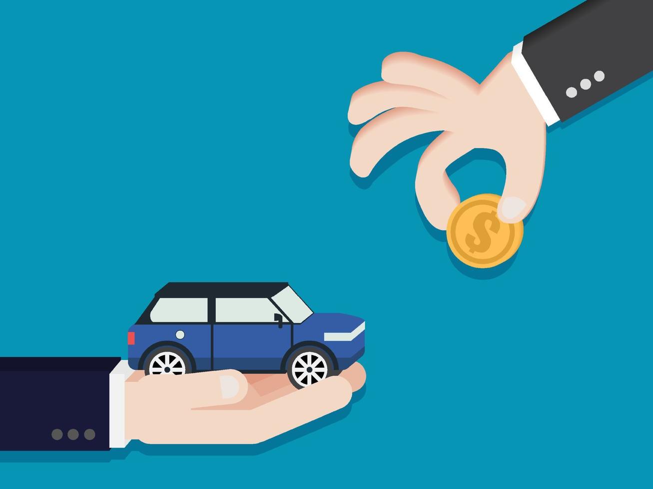 Sale car for money. businessman gave the vehicle to salesman. transfer asset for financial. trade old car for little cash. used car business concept cartoon illustration. vector