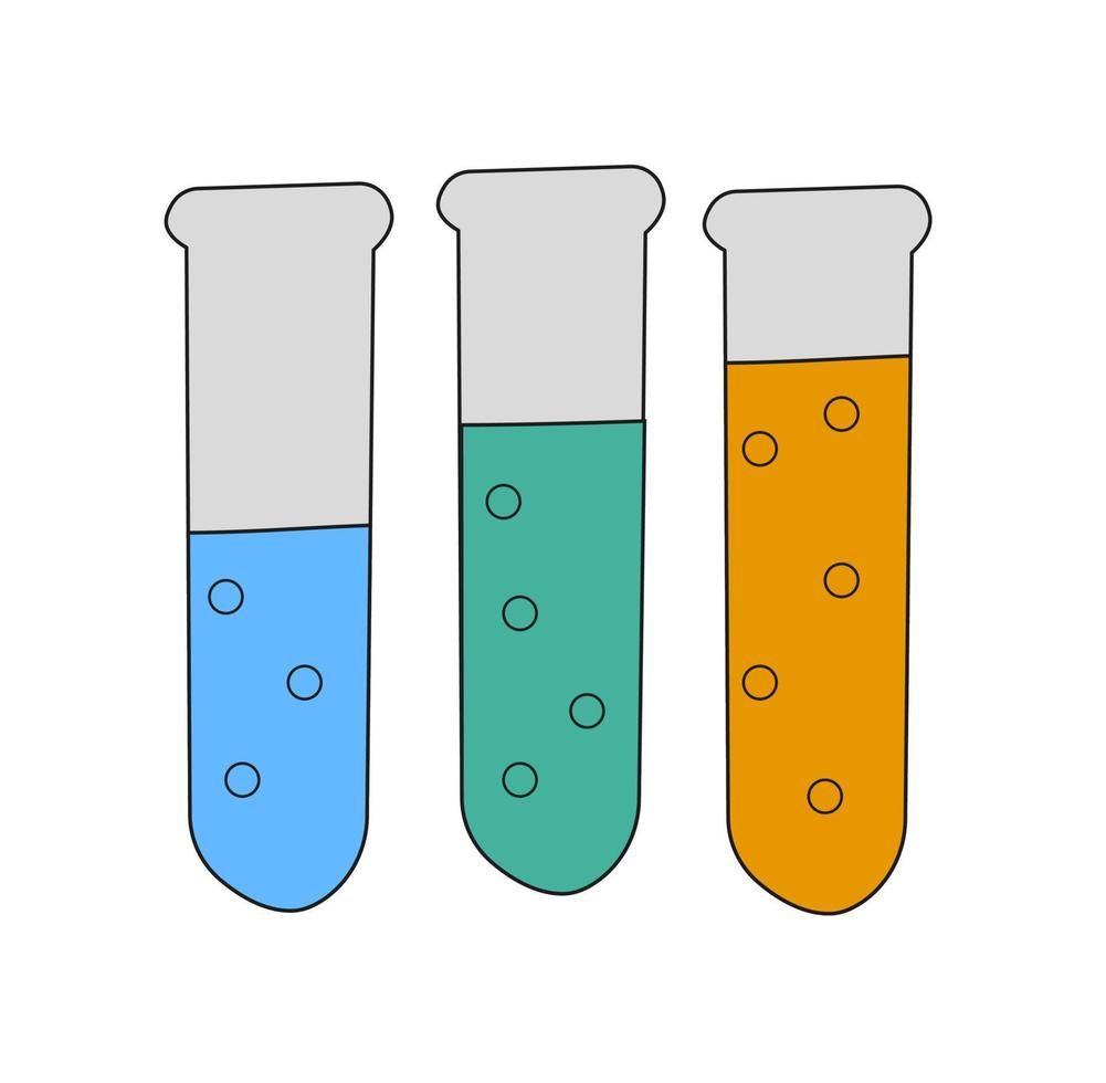 Illustration of a three test tube with colored liquid and bubbles. Science chemical icon. vector