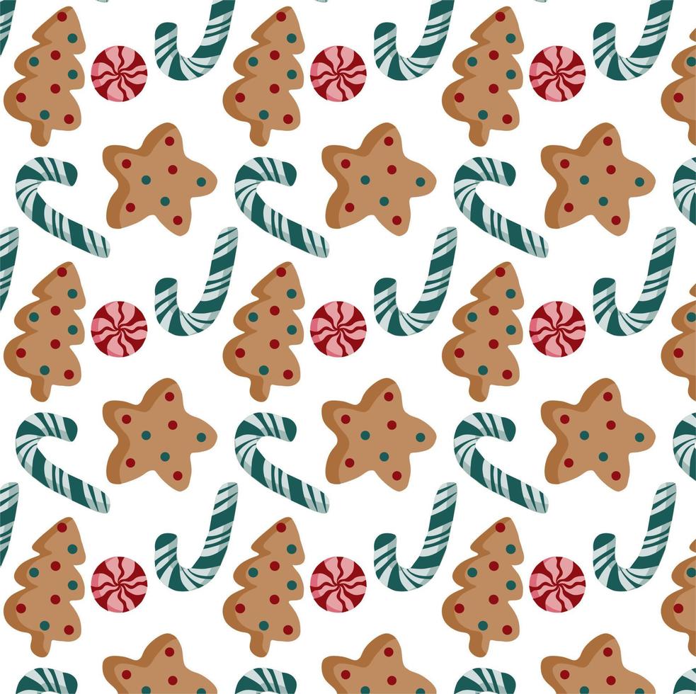 Pattern Christmas with gingerbread in the form of a Christmas tree and a star with sprinkles, lollipops and candy cane on a white background. vector