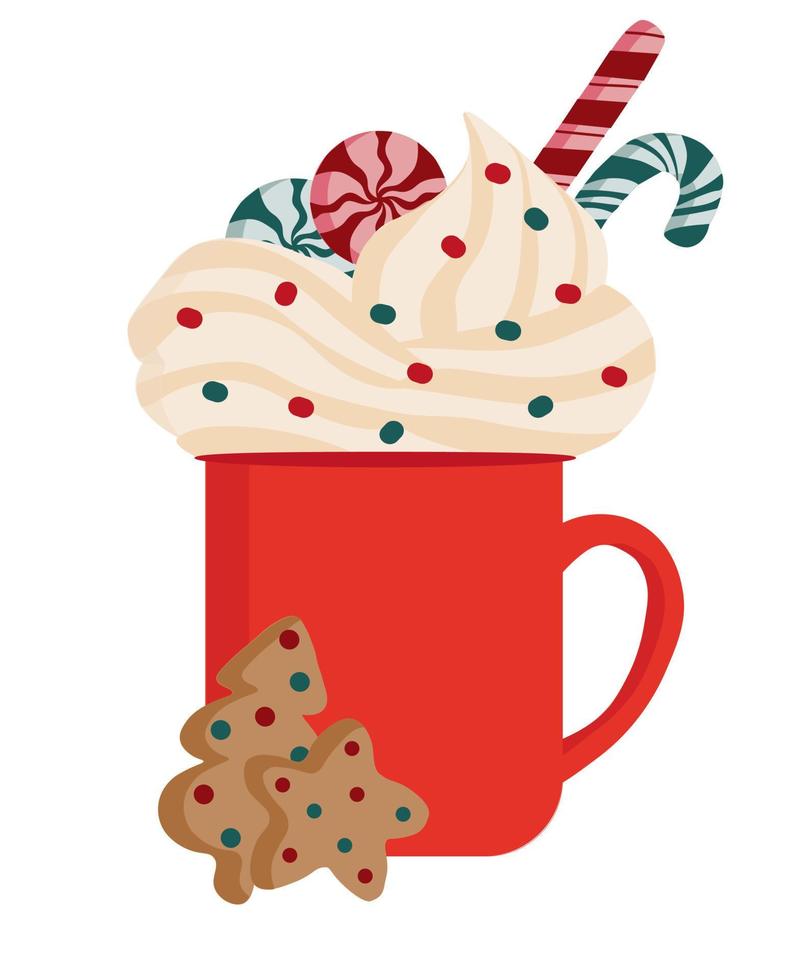 Illustration of red Christmas mug with whipped cream, lollipops, candy cane. Below are gingerbread cookies in the form of Christmas tree and star, decorated with sprinkles. vector