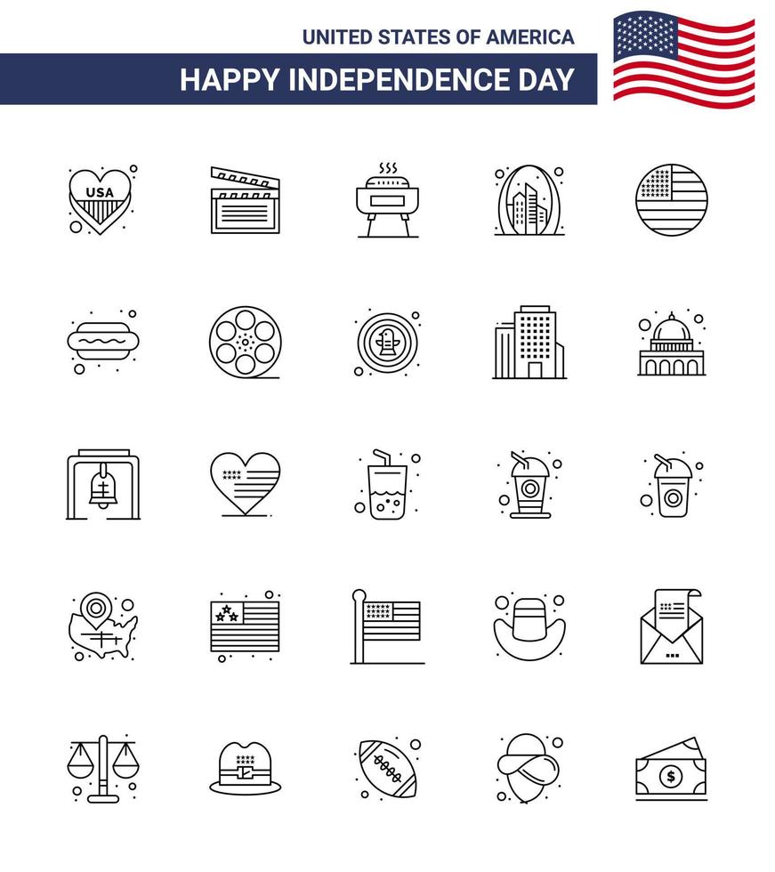 conjunto moderno de 25 líneas y símbolos en el día de la independencia de EE. UU., como los elementos de diseño vectorial del día de EE. UU. editables del arco de la puerta de barbacoa estadounidense vector