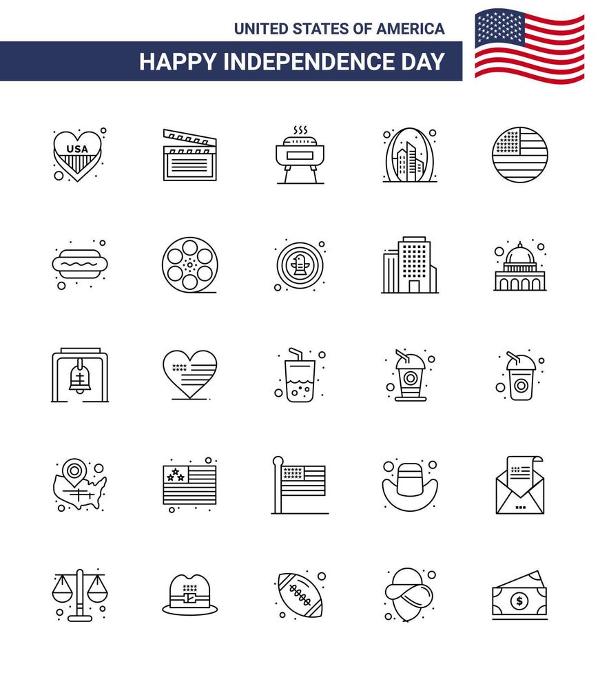 Modern Set of 25 Lines and symbols on USA Independence Day such as american landmark barbeque gate arch Editable USA Day Vector Design Elements