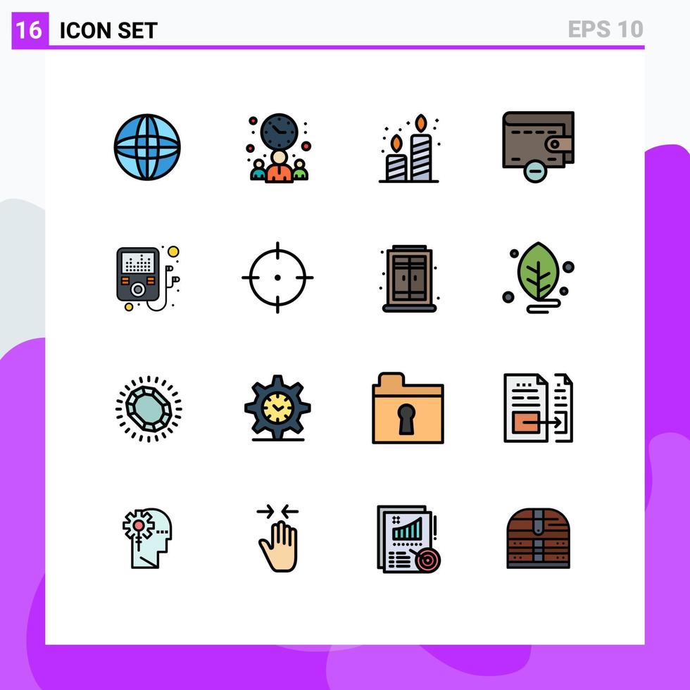 16 Universal Flat Color Filled Lines Set for Web and Mobile Applications goal player candle device money Editable Creative Vector Design Elements