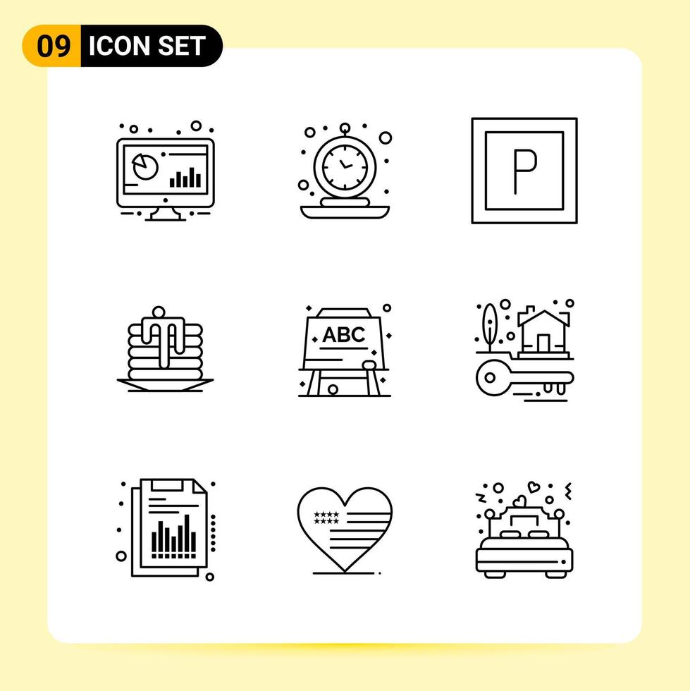 9 iconos creativos para el diseño moderno de sitios web y aplicaciones móviles receptivas. 9 signos de símbolos de contorno sobre fondo blanco. Paquete de 9 iconos. vector