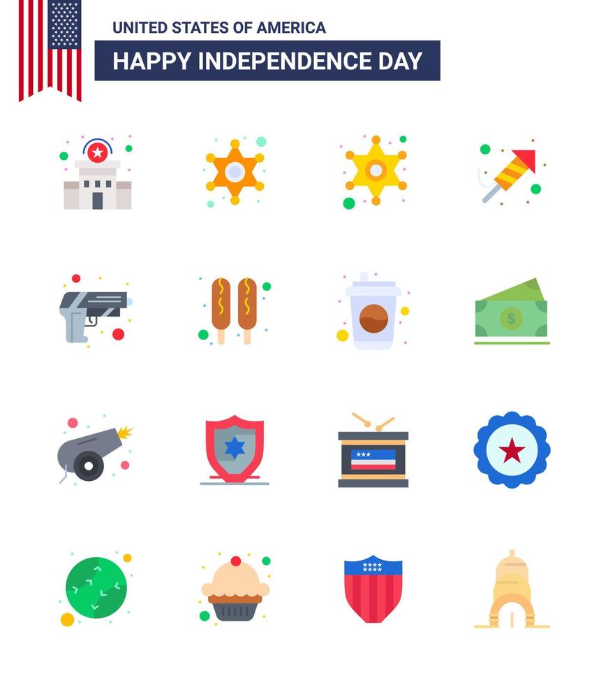 usa feliz día de la independencia pictograma conjunto de 16 pisos simples de hot dog arma fuego trabajo ejército arma editable usa día vector elementos de diseño