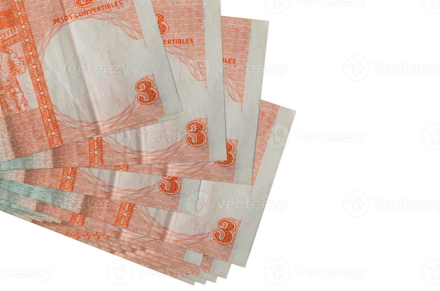 3 cuban pesos convertibles bills lies in small bunch or pack isolated on white. Mockup with copy space. Business and currency exchange photo