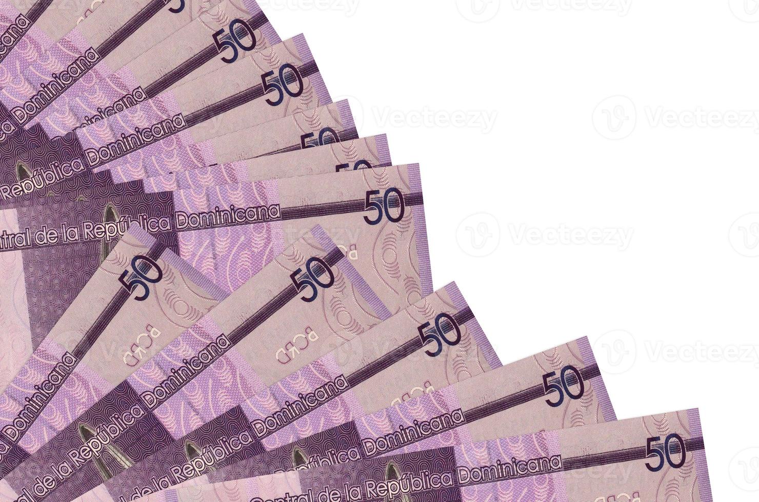 50 Dominican pesos bills lies isolated on white background with copy space stacked in fan close up photo
