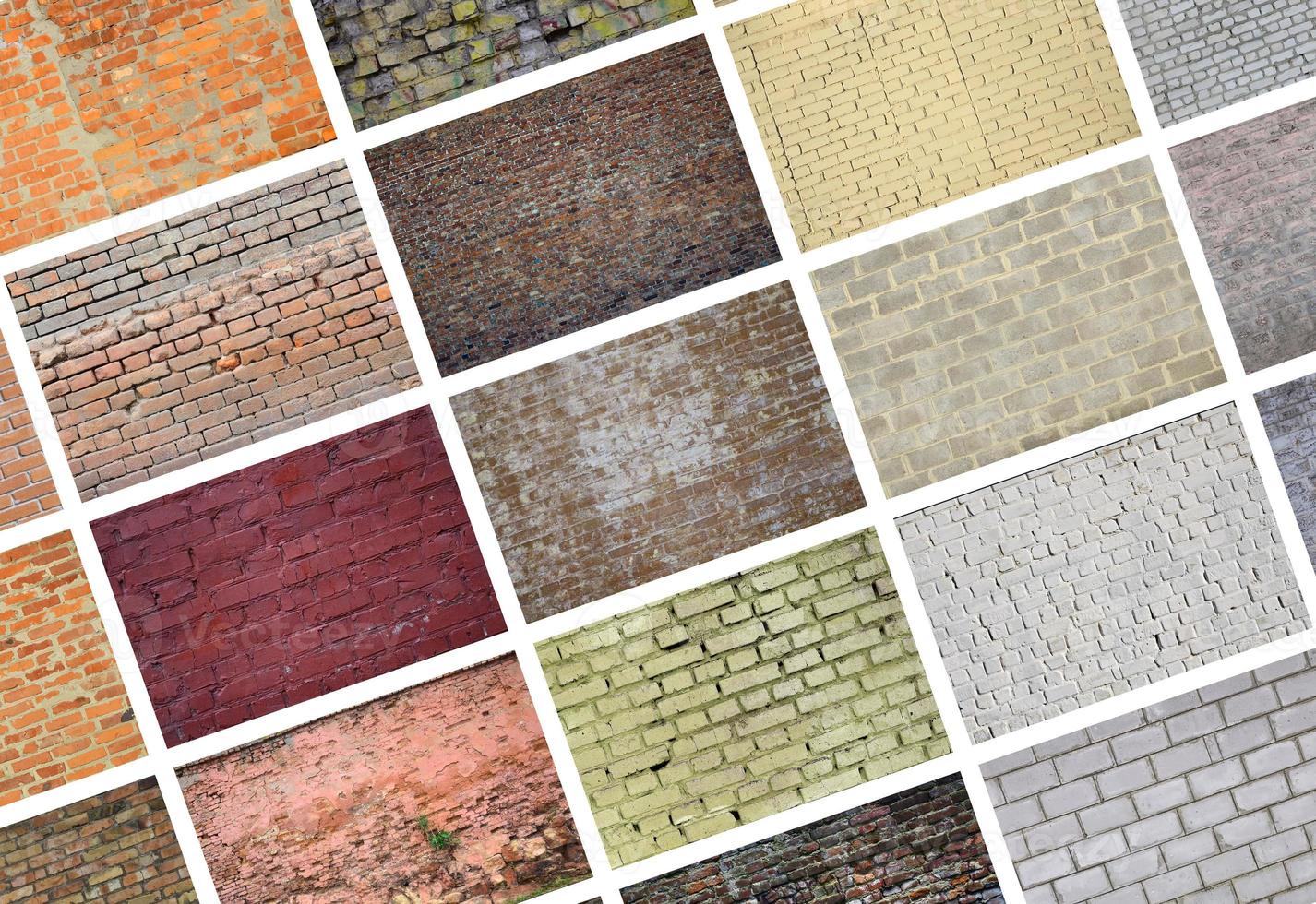 A collage of many pictures with fragments of brick walls of different colors close-up. Set of images with varieties of brickwork photo