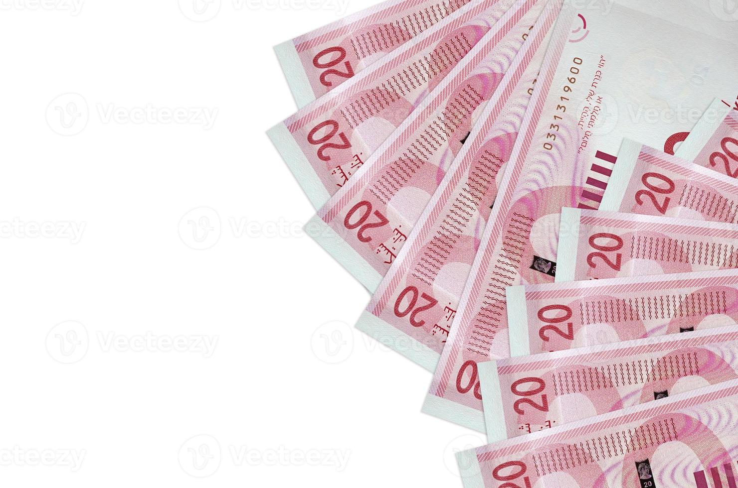 20 Israeli new shekels bills lies isolated on white background with copy space. Rich life conceptual background photo