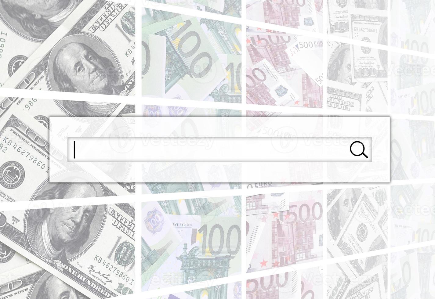 The search string is located on top of collage of many images of euro banknotes in denominations of 100 and 500 euros lying in the heap photo