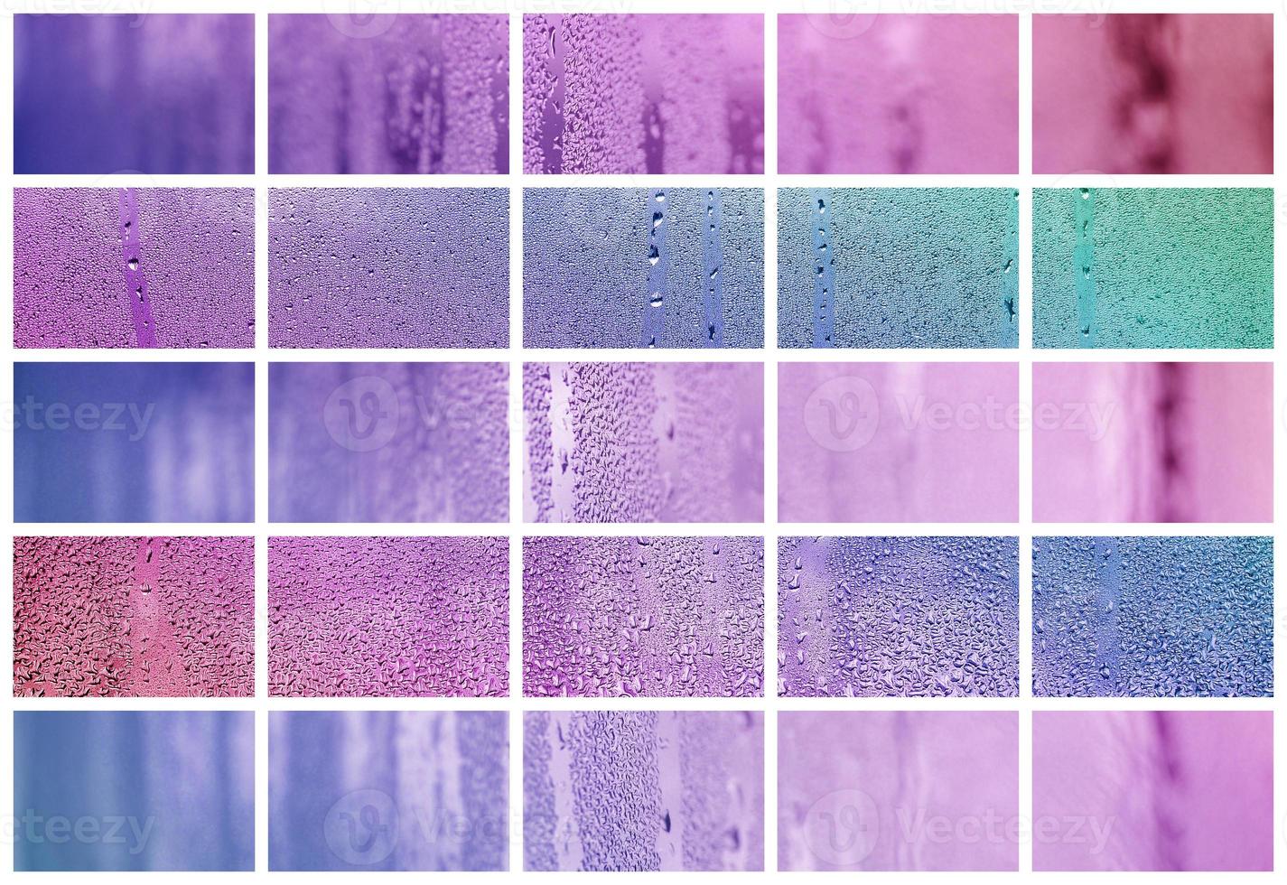 A collage of many different fragments of glass, decorated with rain drops from the condensate. Purple and violet tones photo