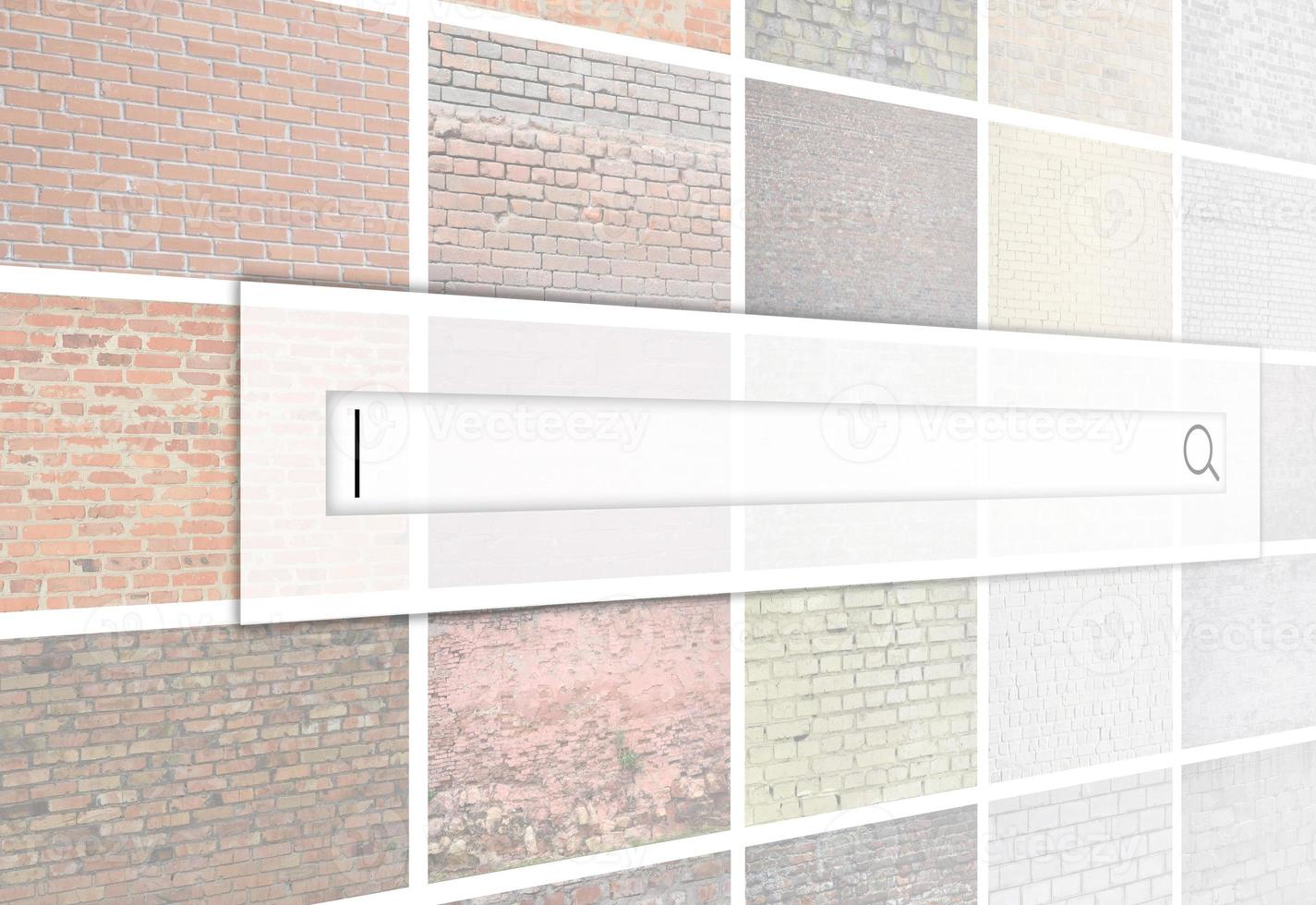 Visualization of the search bar on the background of a collage of many pictures with fragments of brick walls of different colors close-up. Set of images with varieties of brickwork photo