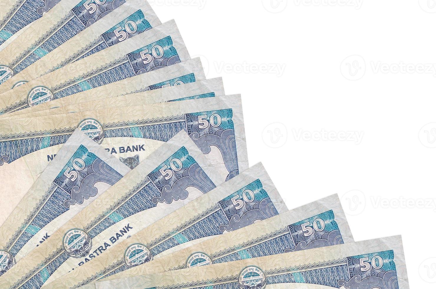 50 Nepalese rupees bills lies isolated on white background with copy space stacked in fan close up photo