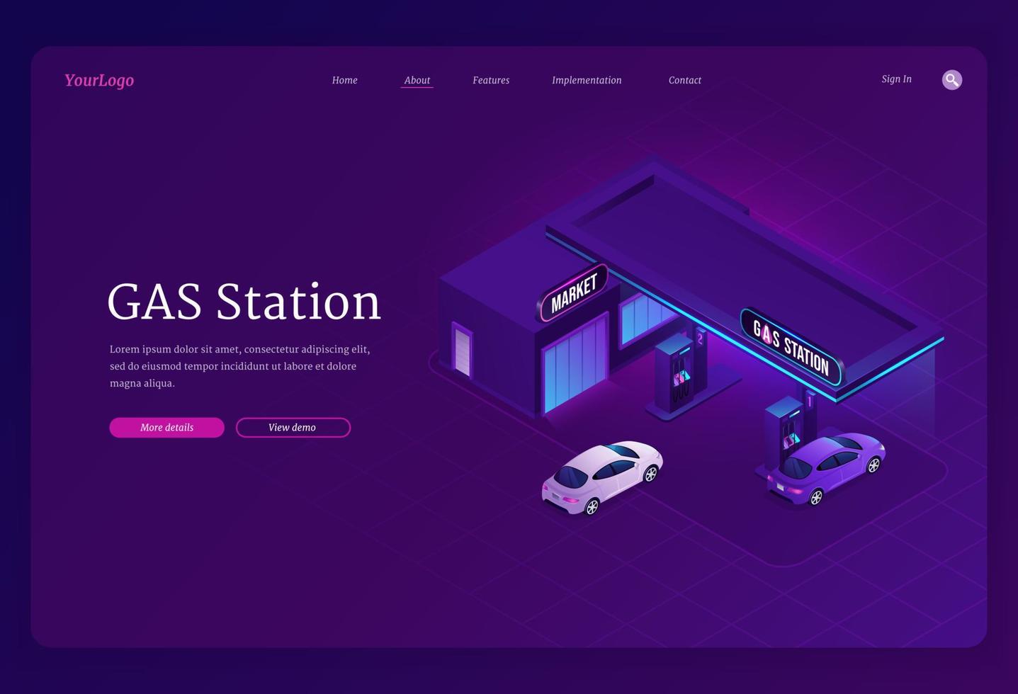 Gas station isometric landing page, cars refueling vector