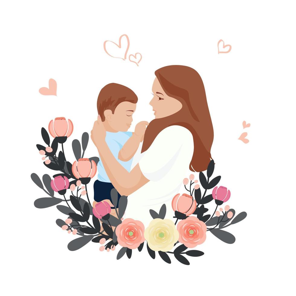 Vector illustration of a mother holding her son in her arms. Flowers around. Happy Mother s Day greeting card.