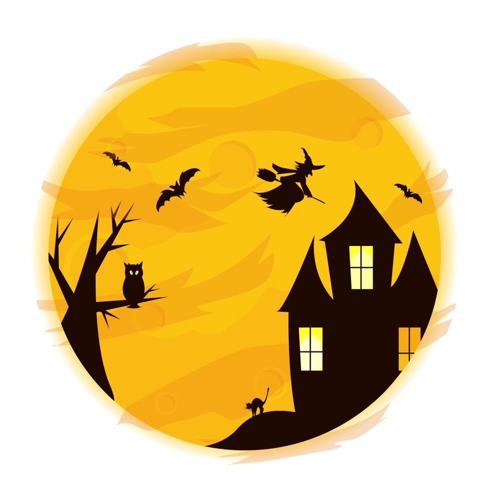 Halloween holiday and dark castle on orange moon background, illustration. Night, witch, horror. vector