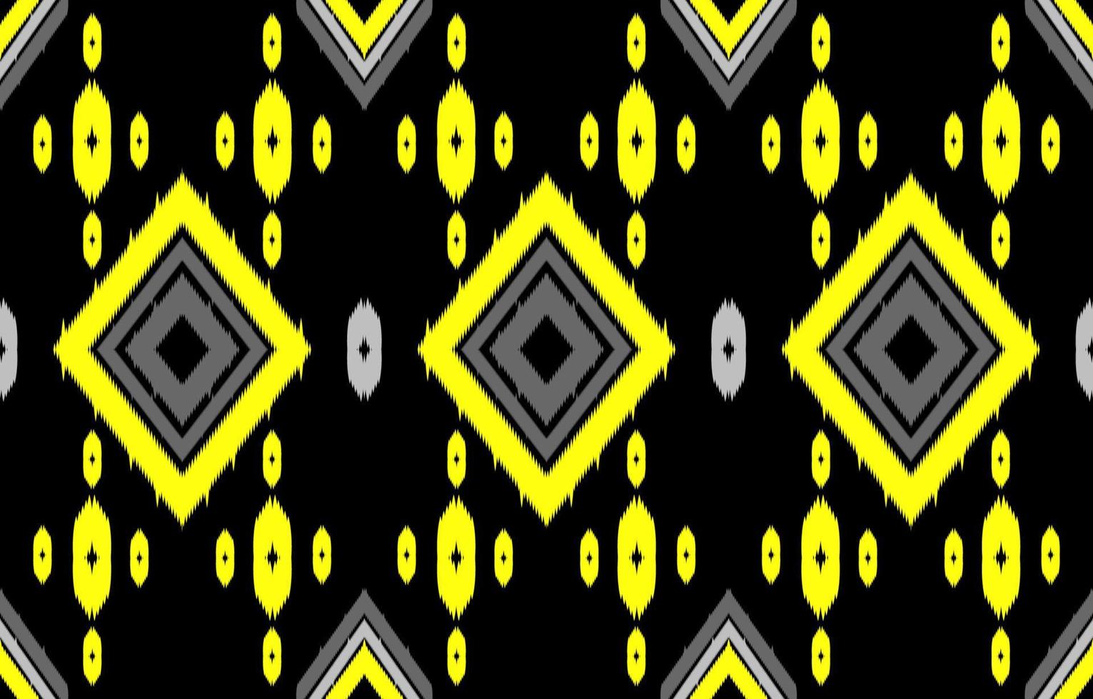 Abstract ethnic ikat geometric seamless pattern. Aztec native tribal fabric yellow pattern on black background. Vector design for texture, textile, clothing, wallpaper, carpet, art print, illustration