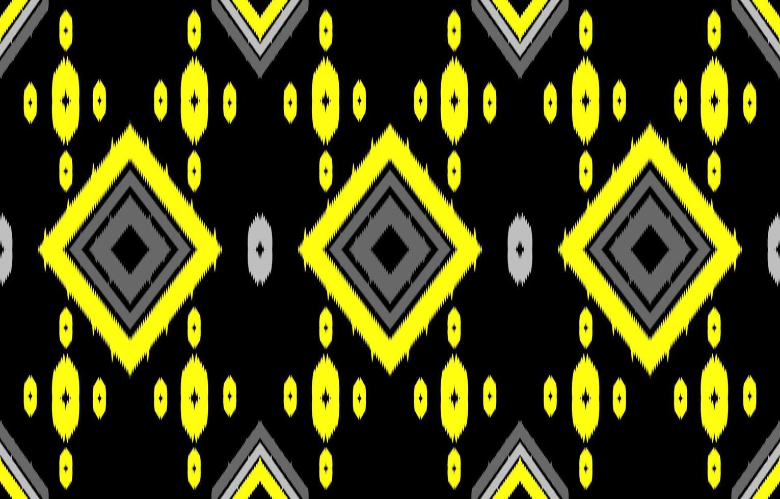 Abstract ethnic ikat geometric seamless pattern. Aztec native tribal fabric yellow pattern on black background. Vector design for texture, textile, clothing, wallpaper, carpet, art print, illustration