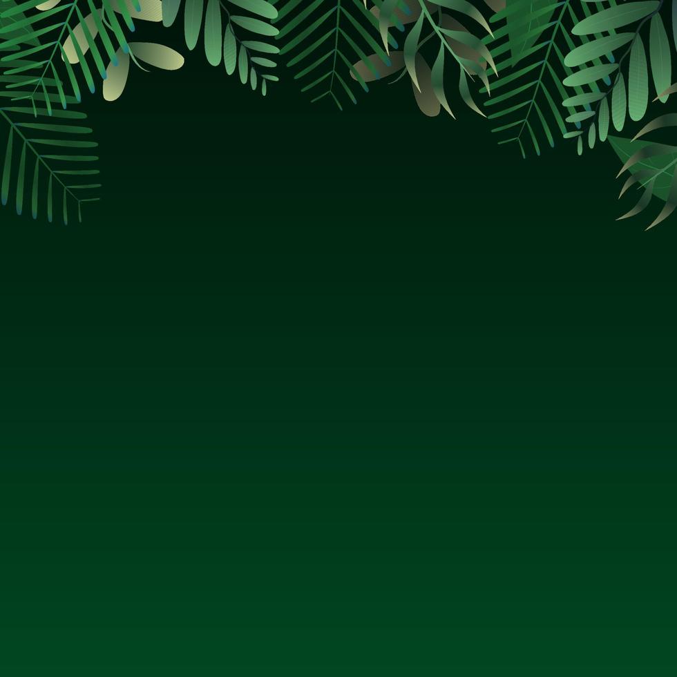 Green tropical leaves square frame on dark green gradient background. Vector invitation cards with herbal twigs branches frames. Summer party banner vector illustration. Tropical frame concept.