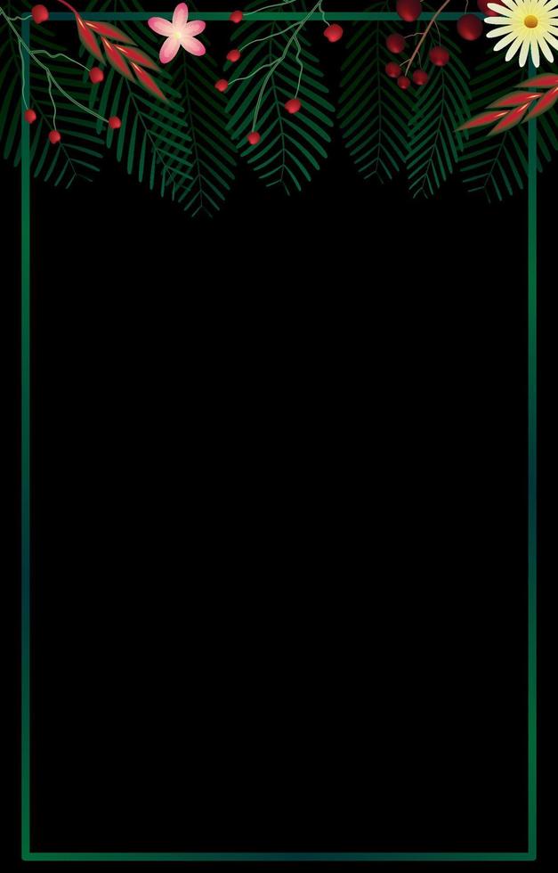 Tropical leaves flower and green rectangle frame on black background. Vector invitation cards with herbal twigs branches and corners border frames. Summer party banner vector illustration floral frame