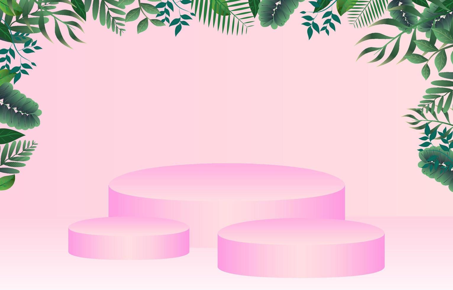 Green tropical leaves frame with pink podium display stand background. Vector round pedestal for displaying products with herbal twigs branches frames. Tropical summer party podium vector illustration