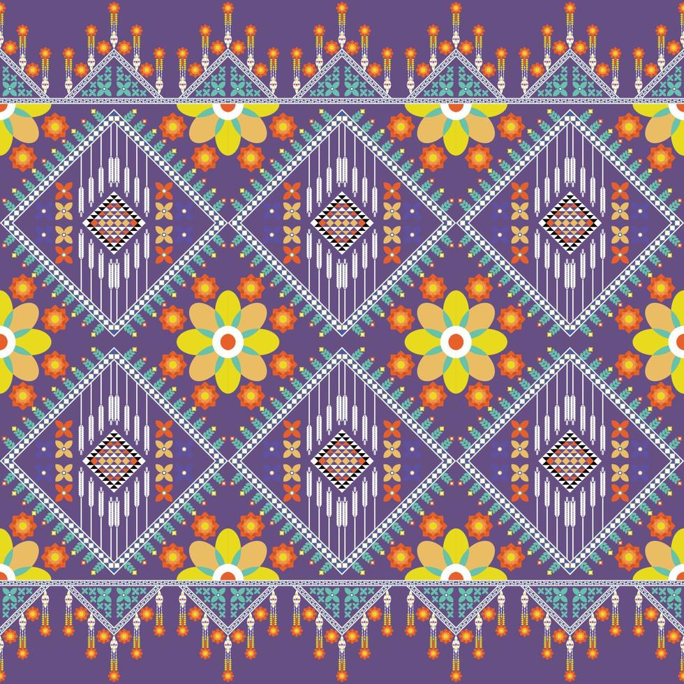 estilo de bordado tradicional de patrón floral étnico. flor naranja geométrica sobre fondo morado. diseño para ropa, tela, envoltura, batik, alfombra, papel pintado. ilustración abstracta del concepto asiático. vector