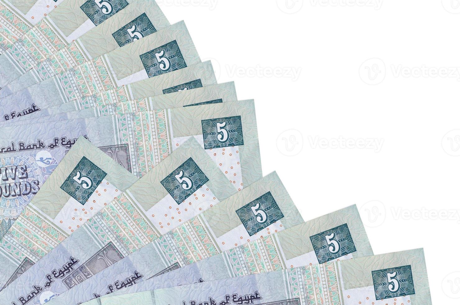5 Egyptian pounds bills lies isolated on white background with copy space stacked in fan close up photo