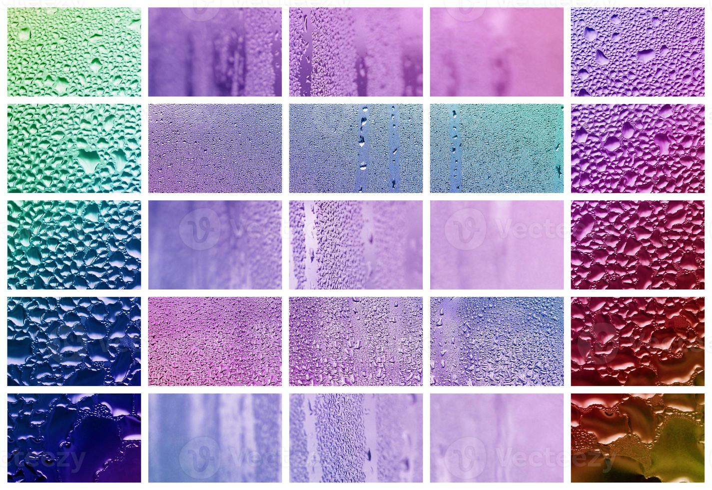 A collage of many different fragments of glass, decorated with rain drops from the condensate. Purple and violet tones photo