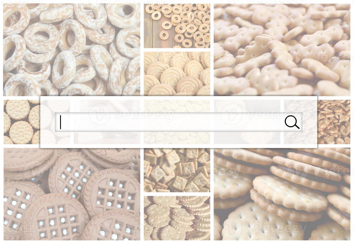 Visualization of the search bar on the background of a collage of many pictures with various sweets close-up. A set of images with varieties of biscuits, bagels and candies photo