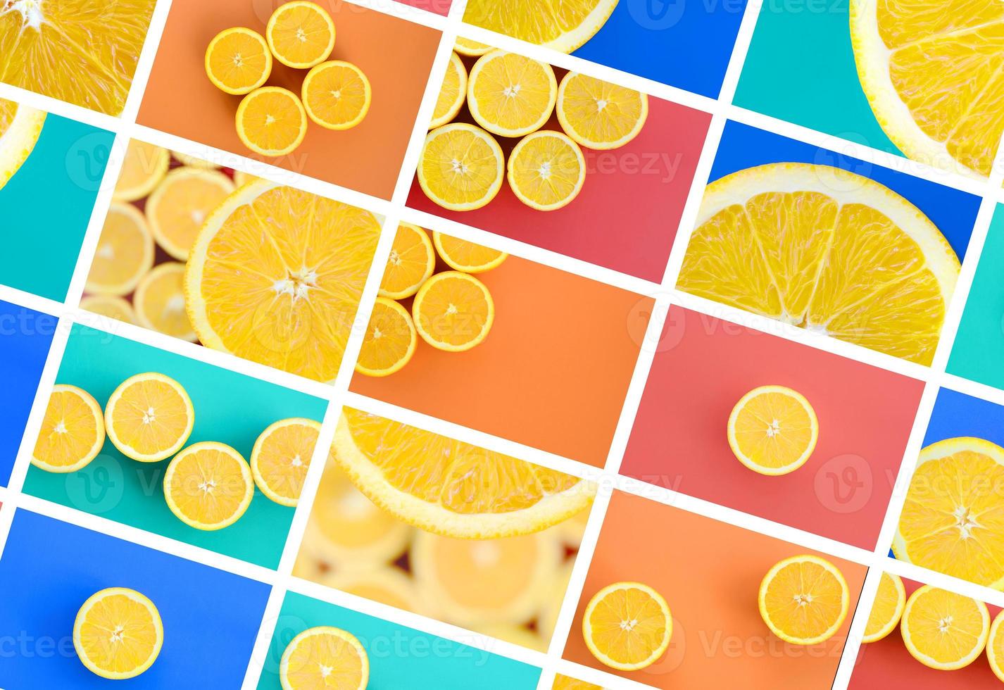 A collage of many pictures with juicy oranges. Set of images with fruits on backgrounds of different colors photo