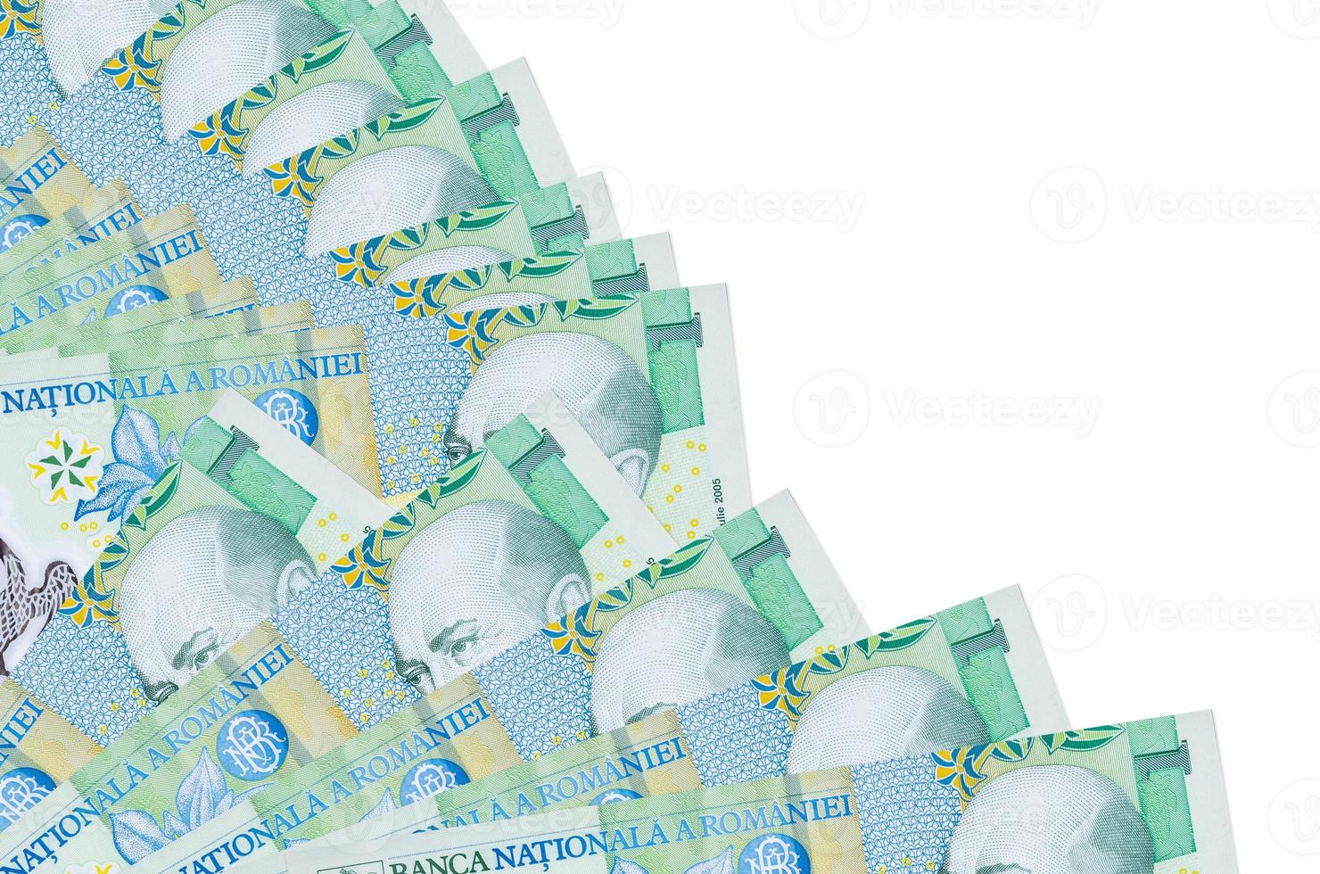 1 Romanian leu bills lies isolated on white background with copy space stacked in fan close up photo