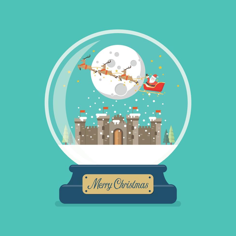 Merry christmas glass ball with Santa sleigh flying over castle vector